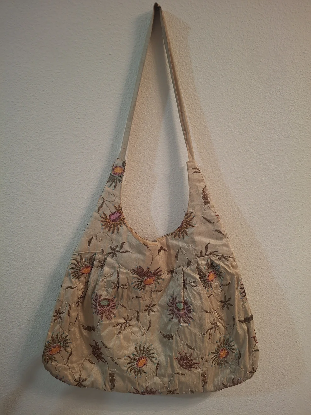 Silk Beige Embroidered Floral Hobo Shoulder Bag